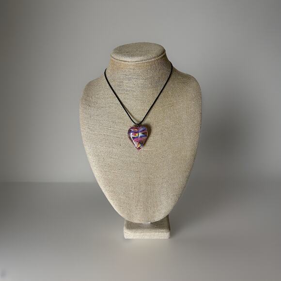 Beautiful Vintage Rainbow Candy Murano Glass Heart Pendant On Cord Necklace. 18” - Picture 1 of 5